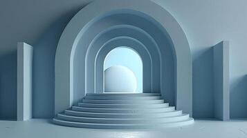 AI generated 3d rendering of a white room with steps leading to an arch photo