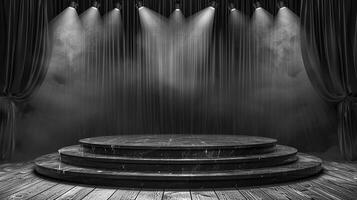 AI generated black and white photo of stage with curtain and stage lights