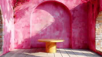 AI generated a pink wall with a table and a tree photo