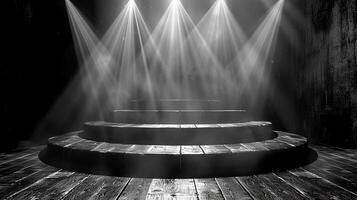 AI generated black and white photo of a stage with lights