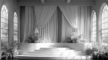 ai generado un negro y blanco foto de un etapa con cortinas