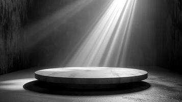 AI generated a black and white photo of a light shining on a stone table