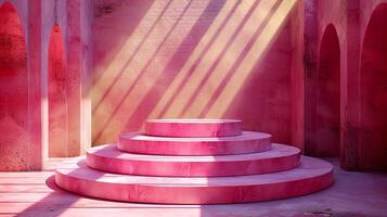 AI generated a pink room with a staircase and a light shining through the window photo