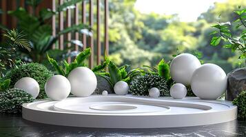 AI generated a white circular garden with plants and eggs photo
