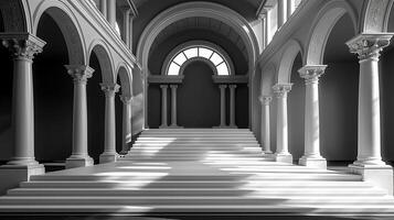 AI generated a black and white photo of a staircase in a church