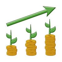 financial growth illustration with dollar coin symbols, plants and arrows. symbolizes successful investment with environmentally friendly projects. business theme design vector for poster, web