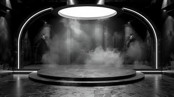 AI generated black and white photo of a stage with smoke coming out of it