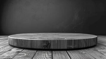 AI generated round table on wooden floor with black wall background photo