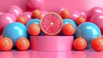 AI generated a pink background with orange slices and blue balloons photo