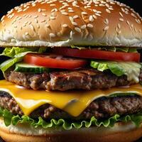 AI generated burger on black background photo