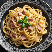 AI generated Carbonara pasta in a beautiful plate photo