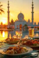 AI generated Sunset Feast During Ramadan at a Mosque, symbolizing the breaking of the fasting. photo