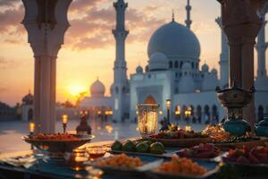 ai generado puesta de sol banquete durante Ramadán a un mezquita, simbolizando el rotura de el ayuno. foto