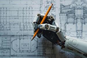 AI generated Robot Arm Holding a Pencil Over an Architectural Blueprint in a Design Studio photo