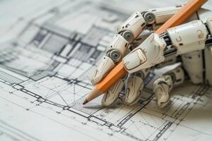 AI generated Robot Arm Holding a Pencil Over an Architectural Blueprint in a Design Studio photo