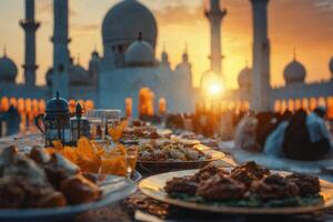 ai generado puesta de sol banquete durante Ramadán a un mezquita, simbolizando el rotura de el ayuno. foto