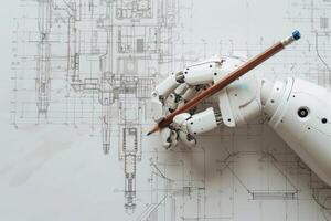 AI generated Robot Arm Holding a Pencil Over an Architectural Blueprint in a Design Studio photo