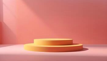 ai generado 3d hacer de un amarillo pedestal en un rosado antecedentes foto