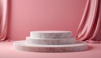 AI generated a marble pedestal with pink curtains in front of it photo