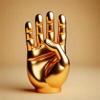 ai generado 3d oro trofeo mano escultura demostración el número cuatro con dedo, mano gesto en contra un suave beige antecedentes. foto