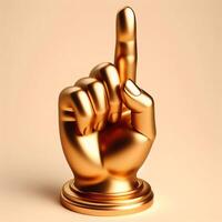 AI generated 3d gold trophy hand sculpture showing the number one with index finger, number one sign gesture against a soft beige background. photo