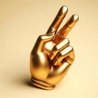 AI generated 3d gold trophy hand sculpture showing the number two with middle and index finger, peace sign gesture against a soft beige background. photo