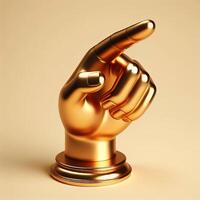 AI generated 3d gold trophy hand, pointing with index finger gesture on a beige background photo