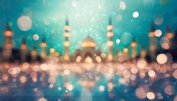 AI generated Bokeh lights illuminating a serene blurred mosque interior with arched windows and a wooden floor, super wide. photo