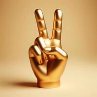 ai generado 3d oro trofeo mano escultura demostración el número dos con medio y índice dedo, paz firmar gesto en contra un suave beige antecedentes. foto