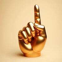 AI generated 3d gold trophy hand sculpture showing the number one with index finger, number one sign gesture against a soft beige background. photo