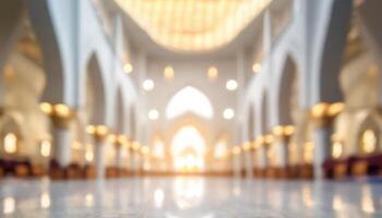 AI generated Blurred interior of a grand mosque interior with elegant chandeliers and intricate designs, chandeliers, and sunlit ambiance, bathed in natural light. photo