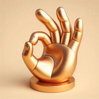 AI generated A golden 3d hand in a perfect gesture isolated on a soft beige background. photo