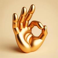 AI generated A golden 3d hand in a perfect gesture isolated on a soft beige background. photo