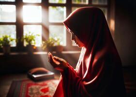 ai generado un musulmán mujer, cubierto en un rojo velo, se arrodilla en oración como el del sol rayos filtrar mediante un cerca ventana. foto
