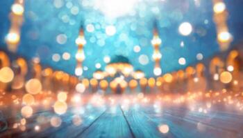 AI generated Bokeh lights illuminating a serene blurred mosque interior with arched windows and a wooden floor, super wide. photo