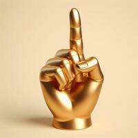 ai generado 3d oro trofeo mano escultura demostración el número uno con índice dedo, número uno firmar gesto en contra un suave beige antecedentes. foto