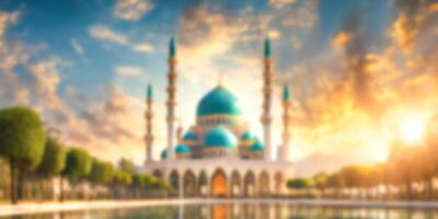 AI generated Blurred view of a majestic mosque at sunset, with a reflective pool and lush greenery photo