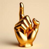 AI generated 3d gold trophy hand sculpture showing the number one with index finger, number one sign gesture against a soft beige background. photo