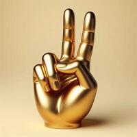 AI generated 3d gold trophy hand sculpture showing the number two with middle and index finger, peace sign gesture against a soft beige background. photo