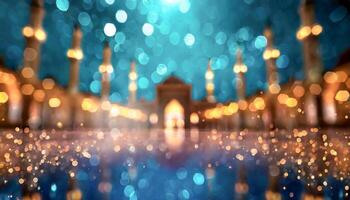 AI generated Bokeh lights illuminating a serene blurred mosque interior with arched windows and a wooden floor, super wide. photo