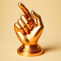 AI generated 3d gold trophy hand, pointing with index finger gesture on a beige background photo