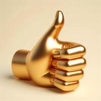 AI generated A golden 3d thumbs-up hand symbol, highly detailed and realistic, set against a soft beige background photo