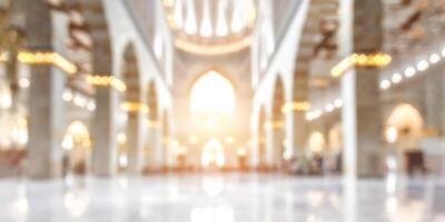 AI generated Blurred interior of a grand mosque interior with elegant chandeliers and intricate designs, chandeliers, and sunlit ambiance, bathed in natural light. photo