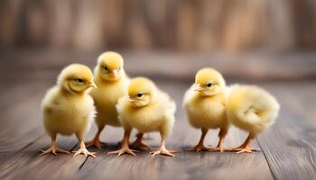 AI generated four baby chickens standing on a wooden floor photo