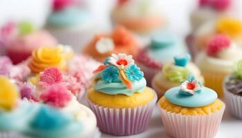 AI generated many colorful cupcakes are arranged on a white surface photo