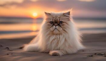 ai generado un mullido gato sentado en el playa a puesta de sol foto