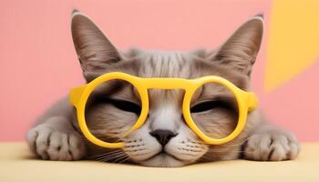 ai generado un gato vistiendo amarillo Gafas de sol en un rosado antecedentes foto