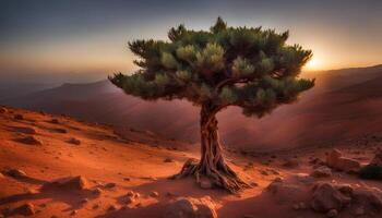 ai generado un solitario árbol soportes en el medio de un Desierto foto