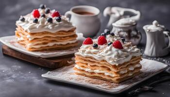 AI generated two cakes with whipped cream and berries on a plate photo