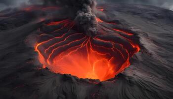 ai generado un grande lava fluir es torrencial fuera de un volcán foto